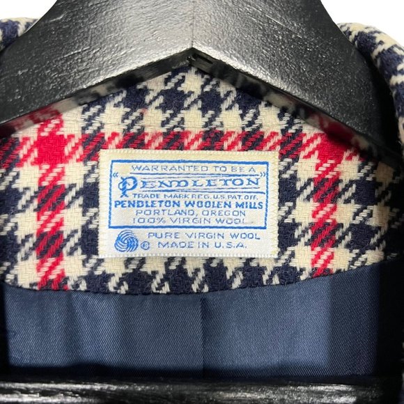 Vintage 80s Pendleton Navy Blue White Red Houndstooth Plaid Wool Blazer 22W - Picture 3 of 9